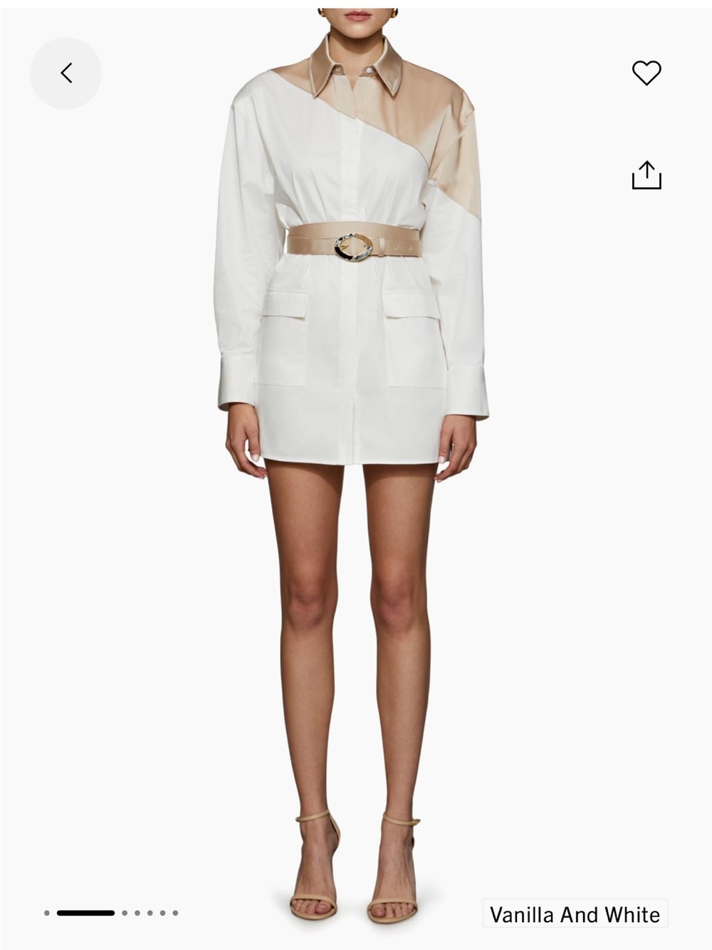 Long Sleeve Two-Tone Shirt Dress in White and Beige